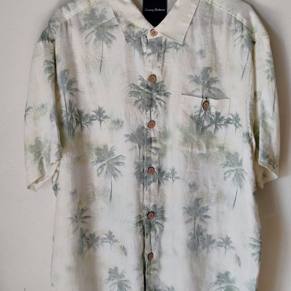 Tommy Bahama 100% Linen Palm Print Casual Shirt - Cream and Green